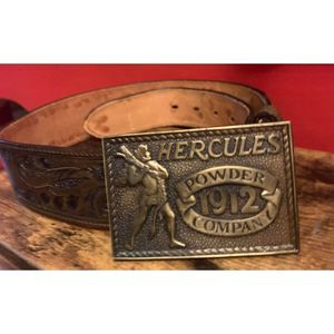Vtg TexTan SZ 28 TEXTAN Hand Tooled Cowhide Belt Hercules Powder Co Buckle 1980